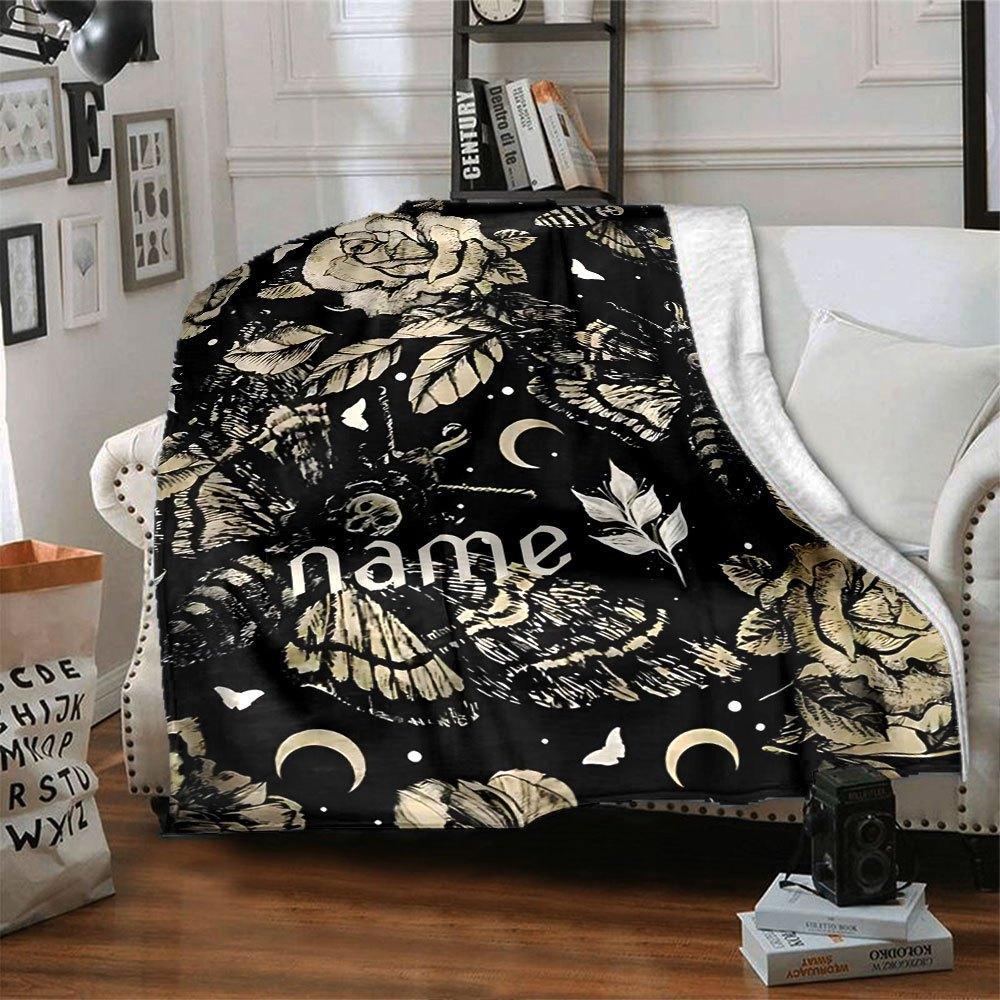 Nighttime Floral Moth Dreams Cozy Customizable Blanket Customize Your Name Durable Comfort For Sofa Couch Office Bed Picnics Four Seasons Universal