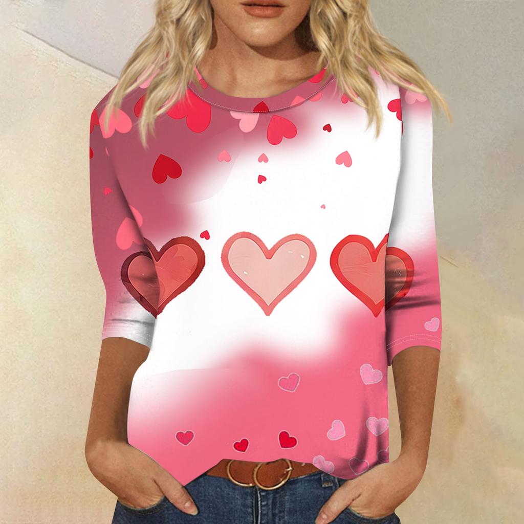 Women's Fashion Casual Round Neck 3/4 Sleeve Loose  Printed T-Shirt Ladies Top