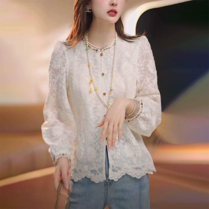 Spring shirt 2025 lace women's high plus size new shirt lace stacked bottoming shirt