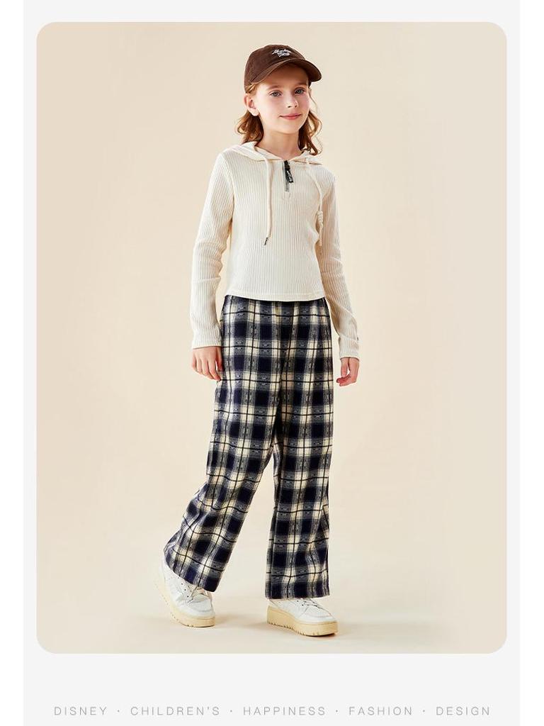 Dívčí krajkové kalhoty s vysokým pasem a širokými nohavicemi s kostkovaným vzorem - Móda podzim 2025
