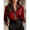 New Cross-Border Spring And Autumn Slim-Fit Long-Sleeve Leopard Print Round-Neck Satin Patchwork Shirt For Women