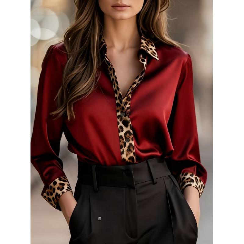 New Cross-Border Spring And Autumn Slim-Fit Long-Sleeve Leopard Print Round-Neck Satin Patchwork Shirt For Women