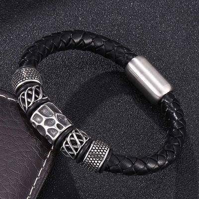 Pulsera de Cuero con Charm para Hombre Accesorios de Acero Inoxidable Pulseras con Cierre Fuerte Banda de Muñeca Joyería Regalo