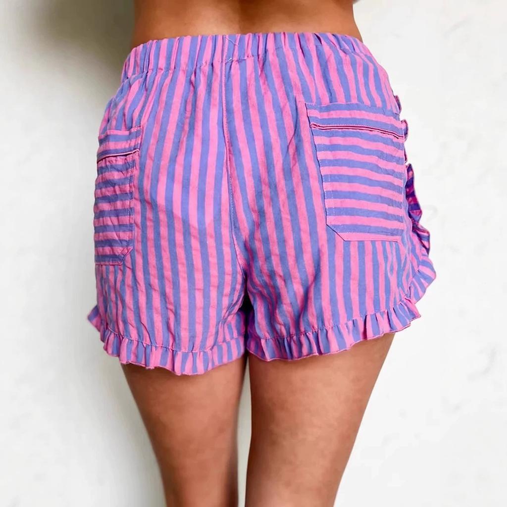 Women's High Waist Elastic Waist Shorts Straight Leg Striped Ruffle Hem Casual Lounge Shorts