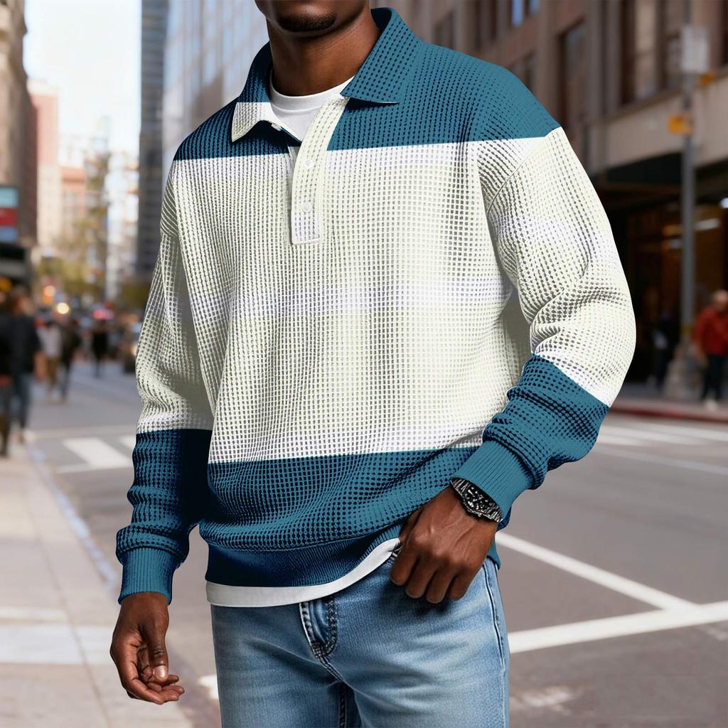 Pánské ležérní volné tričko s límečkem na knoflíčky a dlouhým rukávem