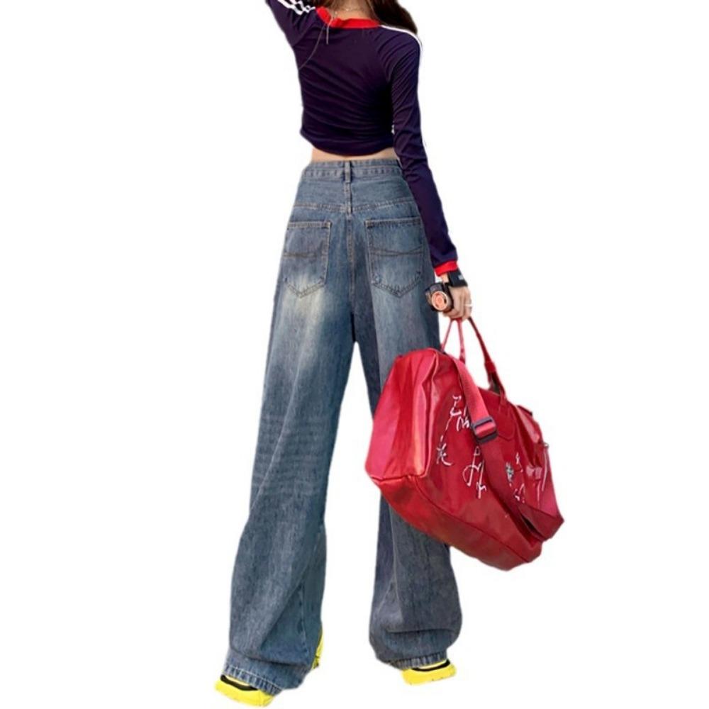 American retro loose wide-leg pants drape high waist versatile washed straight jeans women's trousers tide