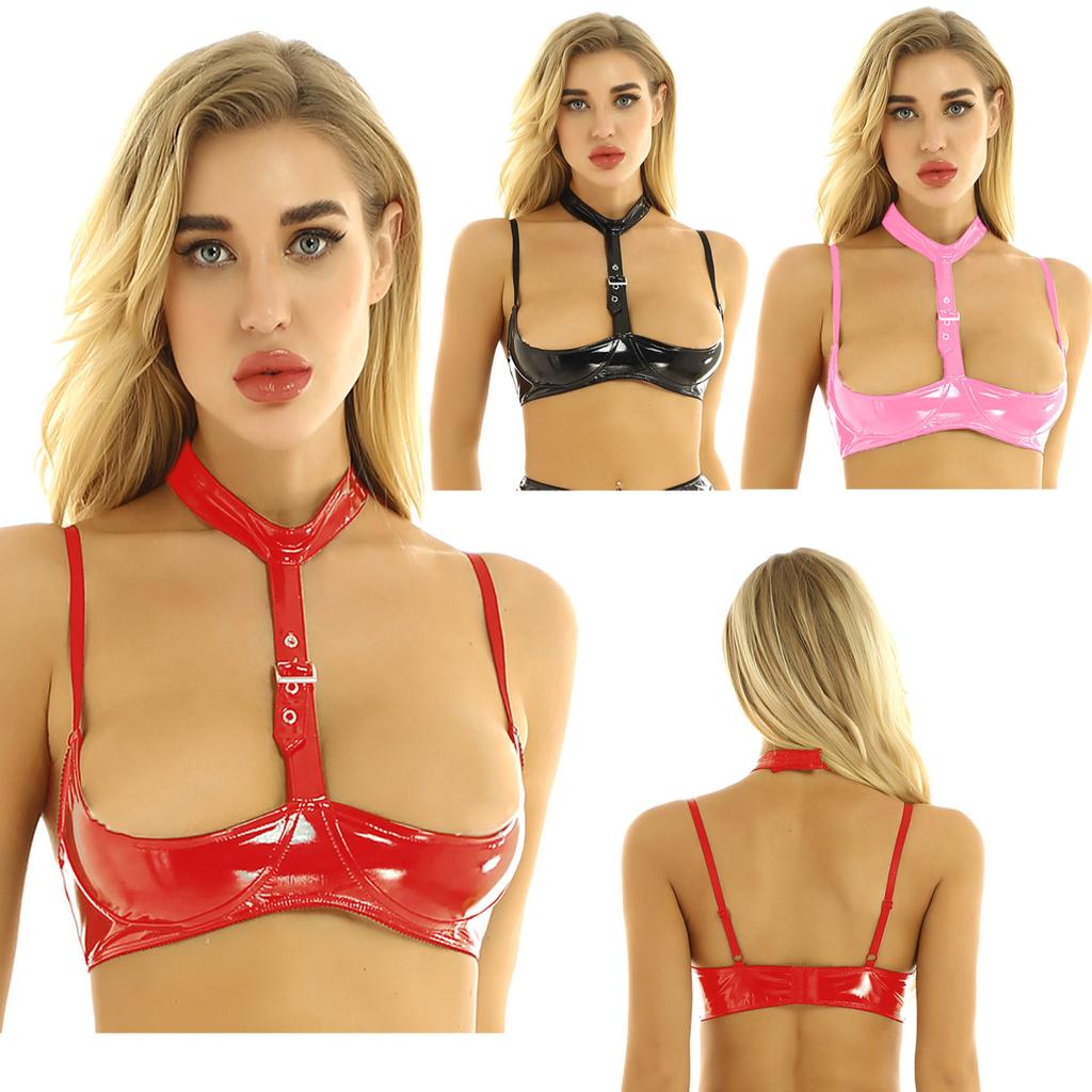 Dámské sexy podprsenky Spodní prádlo Mokrý vzhled Lakovaná kůže Spodní prádlo Bralette Halter Neck Polička Podprsenka Top