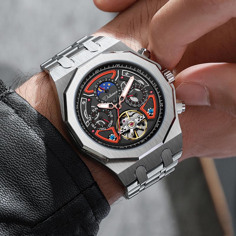 Top-Marken Sportuhren mit Tourbillon Edelstahl Gummiarmband Multifunktionszifferblatt Automatikuhr Reloj Hombre Neu