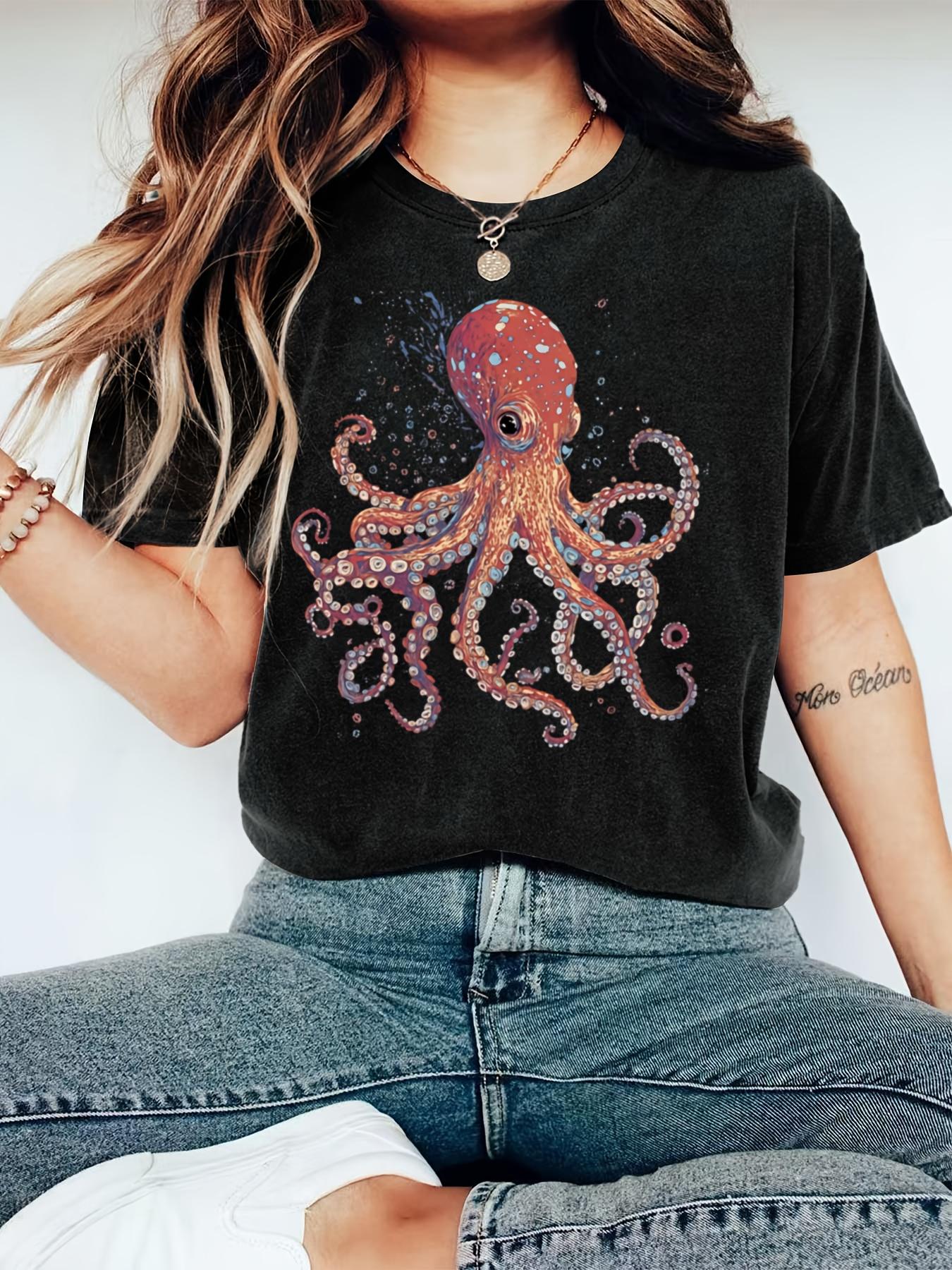 

Womens Plus Size Octopus Retro Pattern Print Tshirt Cotton Breathable Fashionable and Versatile Unisex Streetwear Oversized XL