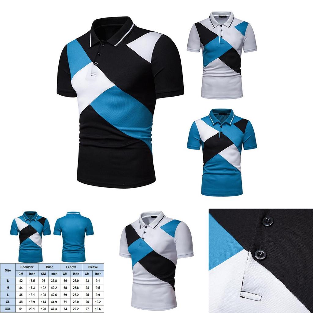 Classic Men's Lapel Tee Top Short Sleeve Splicing T Shirt With Premium Cotton Blend
