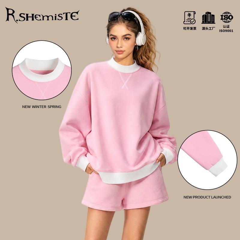RS Womens 350G Fleece Color Block Mock Neck Sweatshirt Warm Fall American Style Casual Top