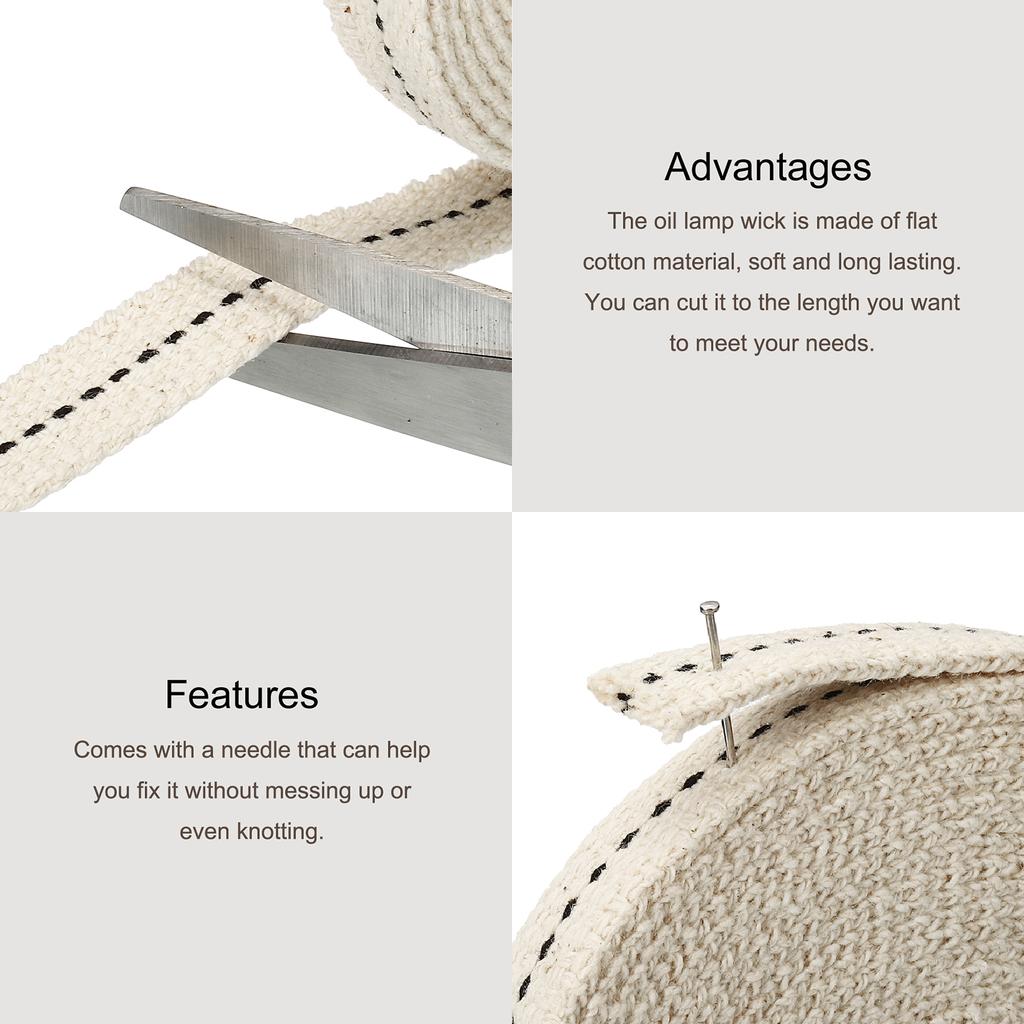 2 Roll Oil Lamp Wick Cotton Lanterns Wick with Black Stitch for Kerosene Burner Lighting  13/15/20/22/25mm Flat 6.5/10 Foot