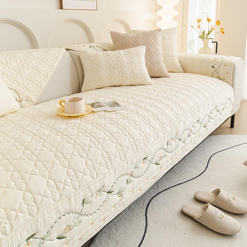 Cotton Washed Embroidered Sofa Cushion Anti-slip Universal for All Seasons Seater Cover Pure Color Skin-friendly Couch Slipcover