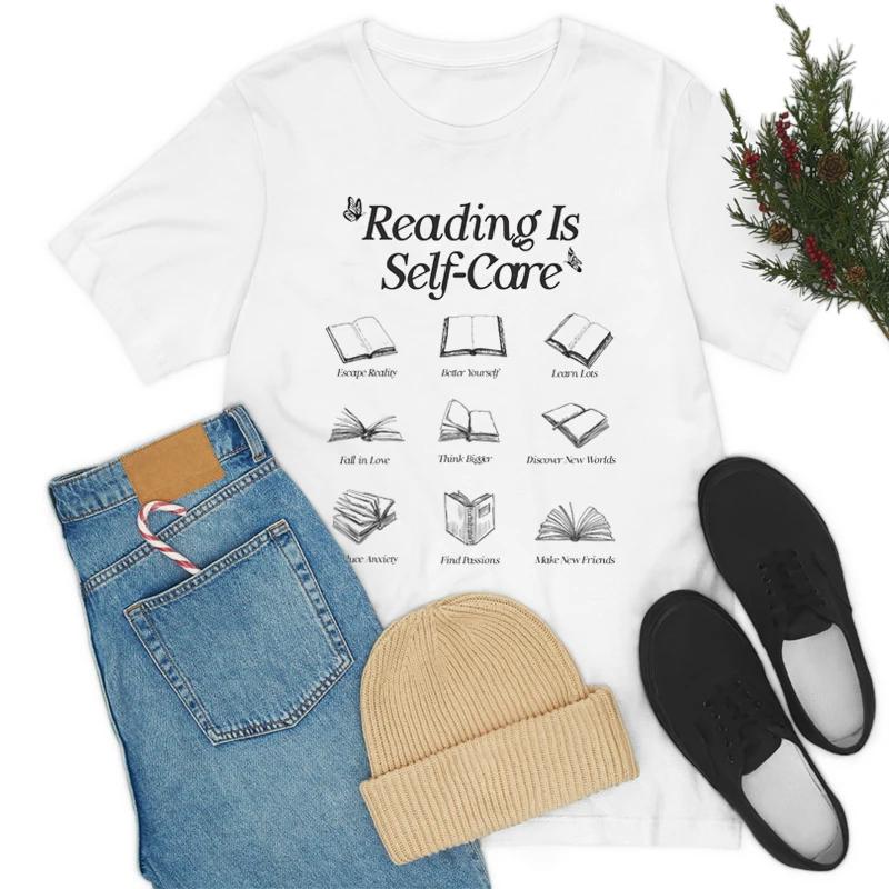 Reading Is SelfCare Bookworm Graphic TShirts Women Retro Boho Bookish Unisextal Health T Shirt Cute Loose Book Lover Tees Gifts