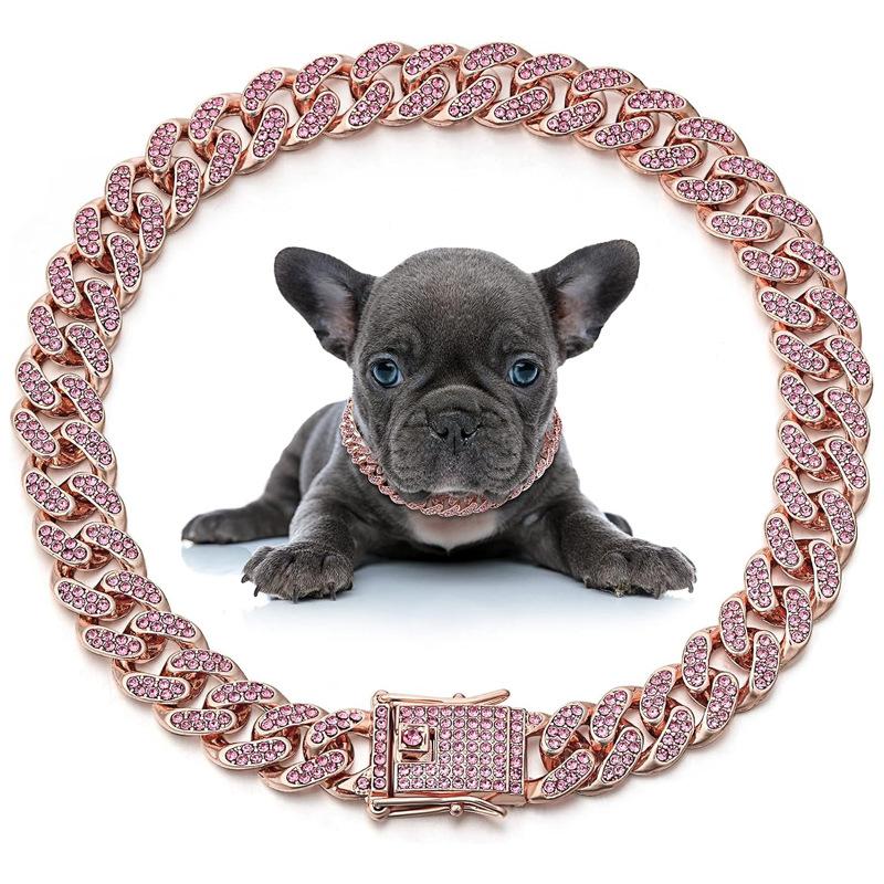 Pink Diamond Diamond Inlaid Dog Collar Dog Necklace Hip Hop Style Diamond Inlaid European and American