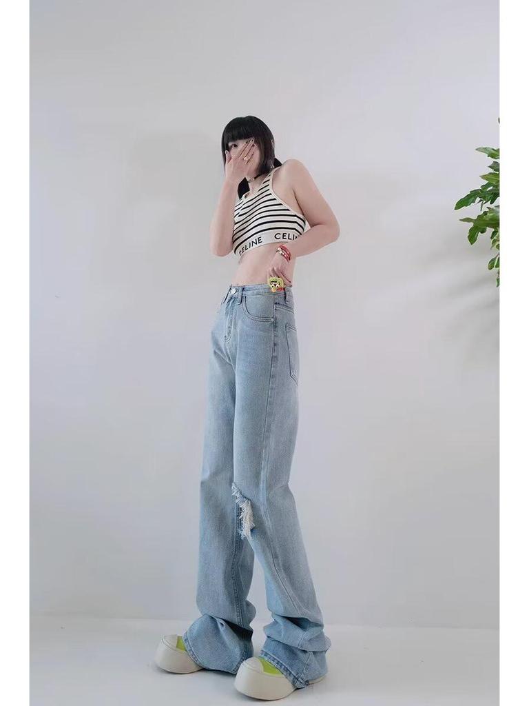 Women's High Waist Ripped Straight-Leg Jeans - Light Blue, Spring/Autumn 2024, Floor-Length, Slimming Fit