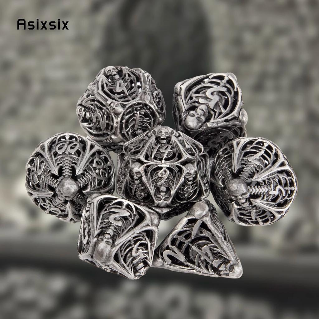 7 stk Sølv Hodeskalle Metallterninger Hule Metall Polyedriske Terninger Sett Egnet for Rollespill RPG Brettspill Kortspill