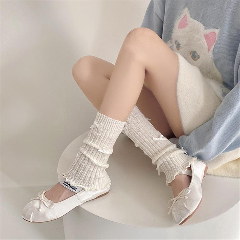 Sweet Girls Leg Warmers Women Ribbed Knit Striped Foot Cover Elegant Bowknot Ruffled Trim Boot Cuffs Footless Calf Socks