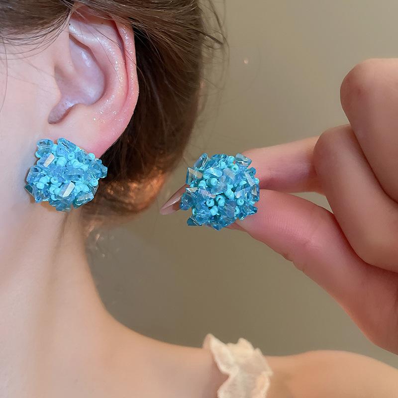 Blue Oil Drop Crystal Flower Round Earrings Stud Earrings Design Sense Niche
