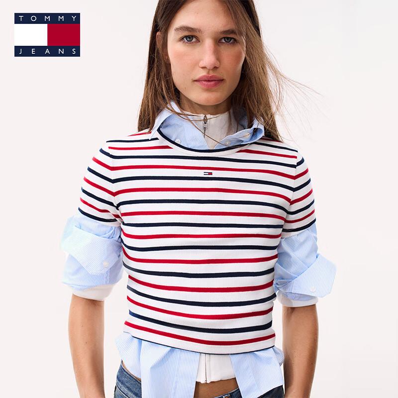 TOMMY JEANS Women's A/W 2025 Striped Ribbed Slim-Fit Short Sleeve T-Shirt