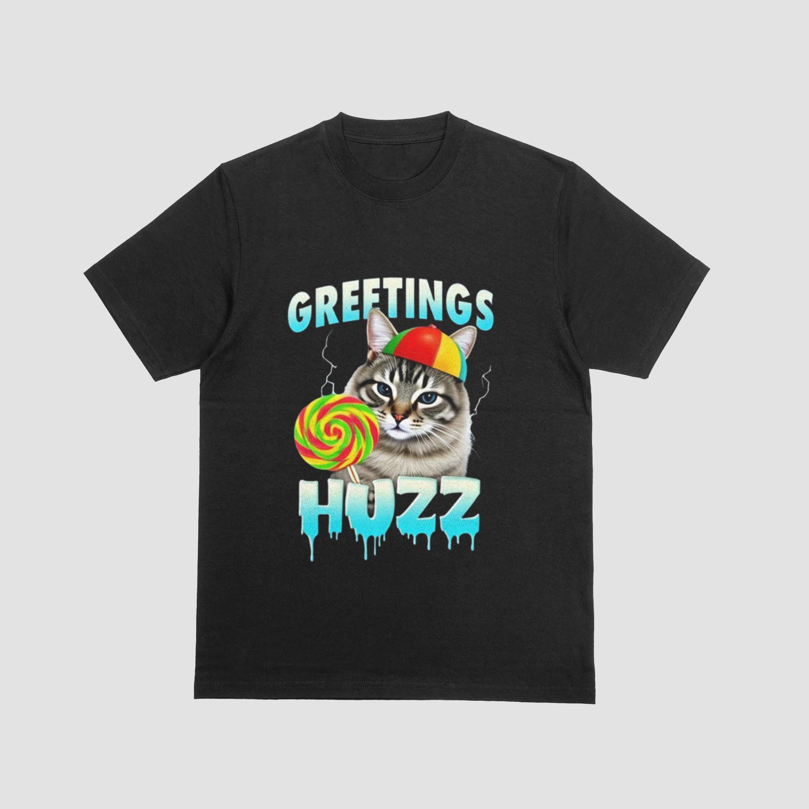 Greetings Huzz T-Shirt Funny Cat Meme Lollipop Graphic Tee M