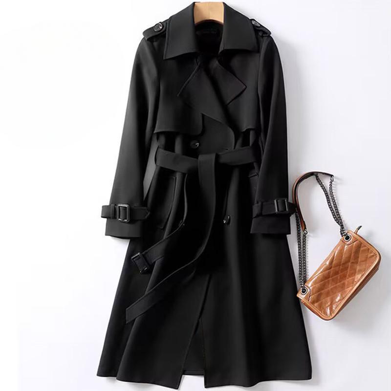 Long Trench Coat Women Lace Up Button Coats Full Sleeve Turn Down Collar Splice Jackets Solid Pockets Office Streetwear