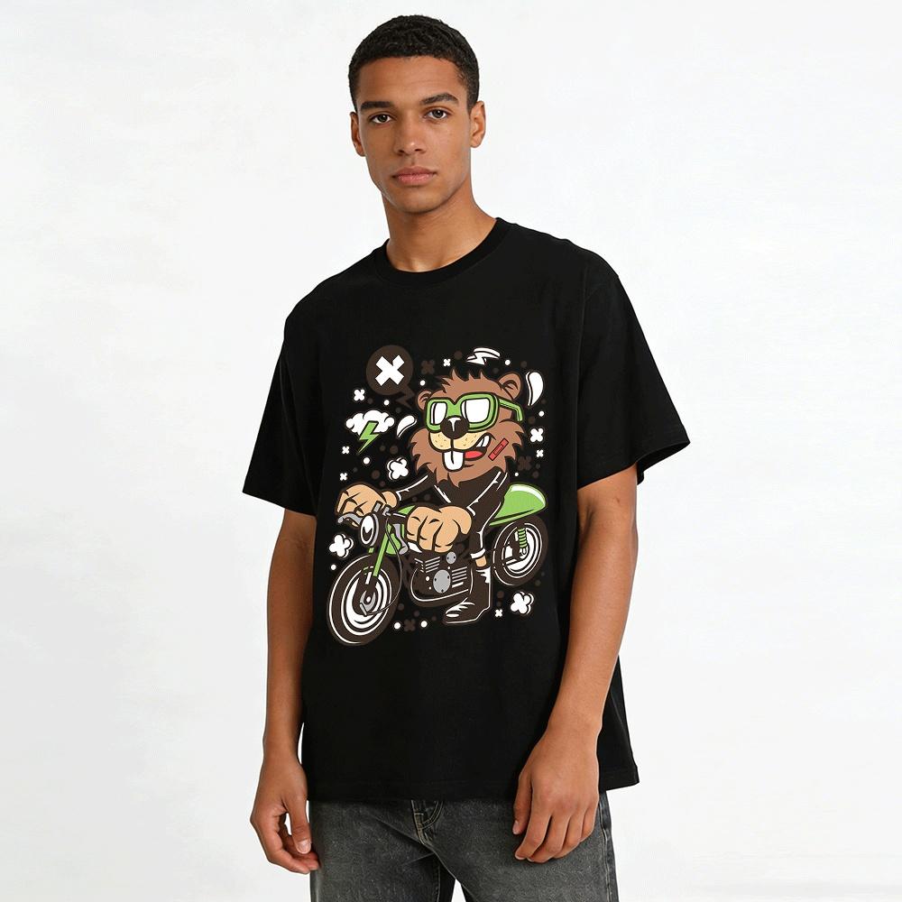 Cool Cartoon Lion Biker Print Casual Unisex Short Sleeve T-Shirt Pure cotton T-shirt