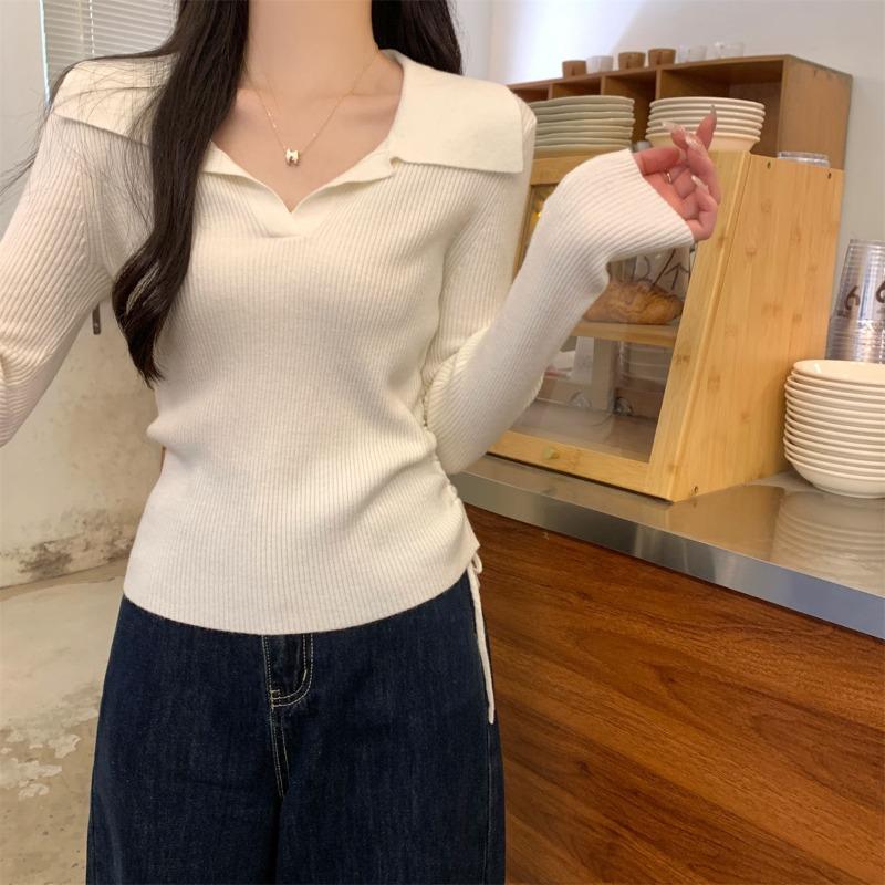 A Short Drawstring Waist Polo Collar Long-sleeved Knitted Sweater Women's Spring and Autumn Bottoming Shirt Top