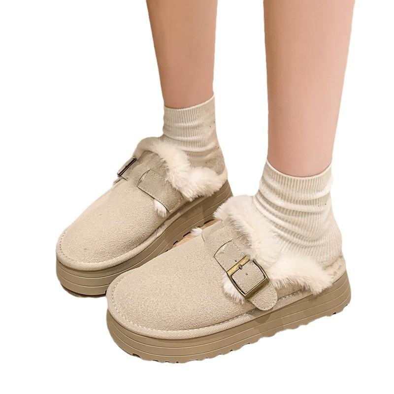 Thick-soled Bag Head Half Slippers Women's Outer Wear Daily Winter Fashion Plush Lazy Shoes Fluffy Cotton Slippers One Pedal