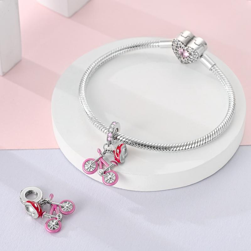 Charms Plata Pink Zircon Bicycle Safety Helmet Pendants Fit Original Bracelets Charms For Women Jewelry Diy Making Gifts