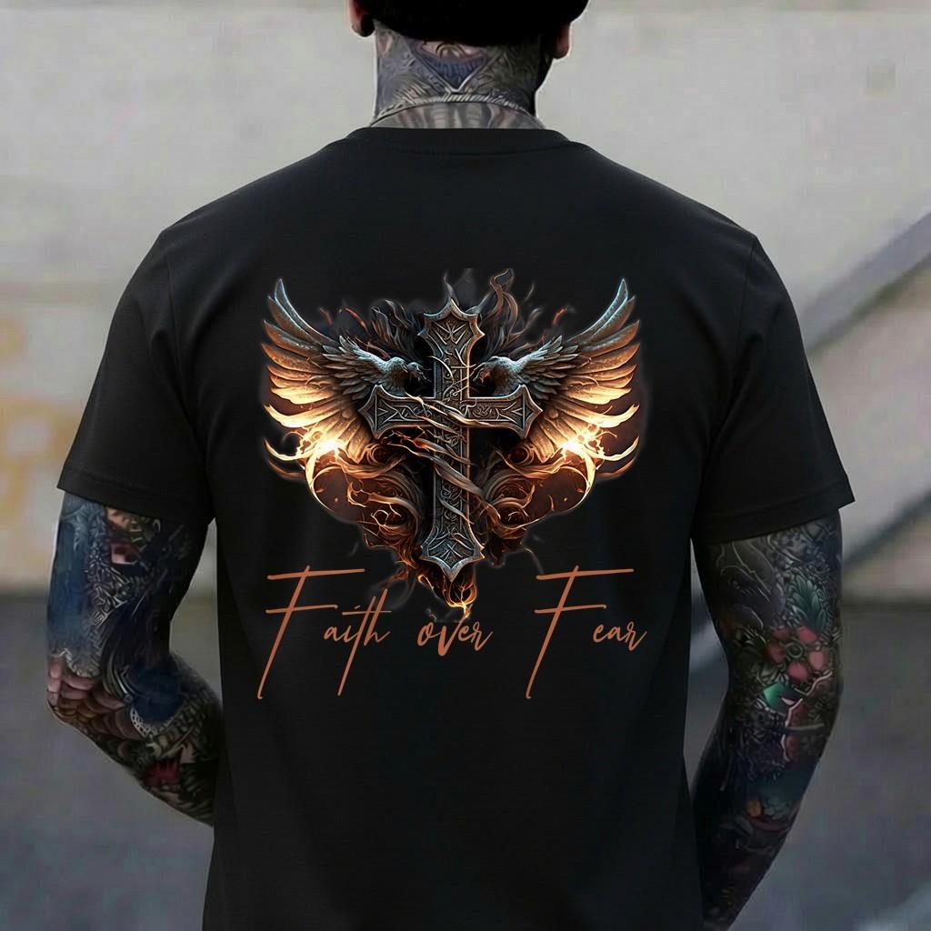 Biker Angel Wings Christian Cross Faith Over Fear - On Back T-Shirt L