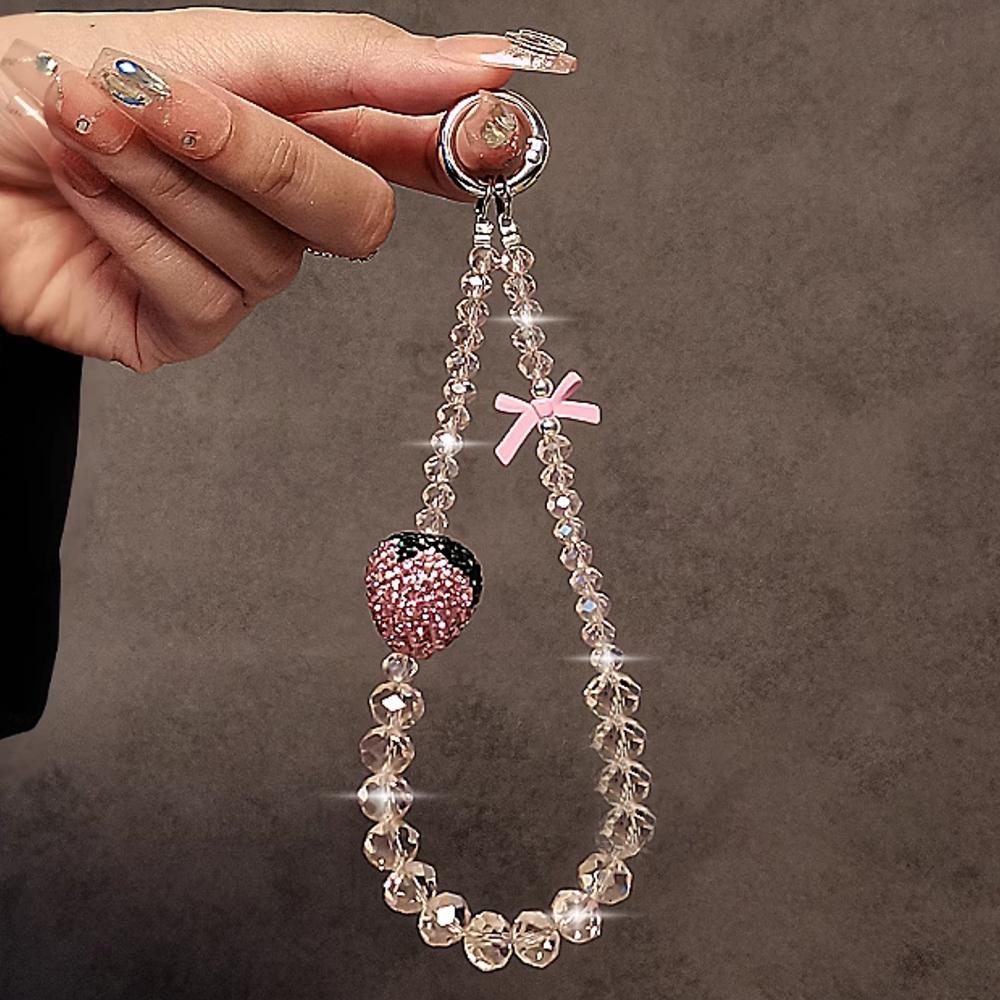 

Luxury Bling Pink Strawberry Bow Crystal Pendant Phone Chain For iPhone Jewelry Strap Gift Girl Hanging Decor Keyring Cord Rope Plastic