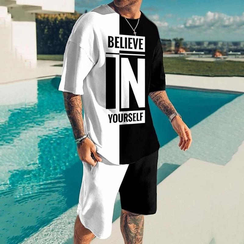 

Men s Graphic Color Block Letter 2pcs Tees sets Matching Sets Short Sleeve Short Pants Crew Neck Fashion Lightweight Basic Street Daily 3XL