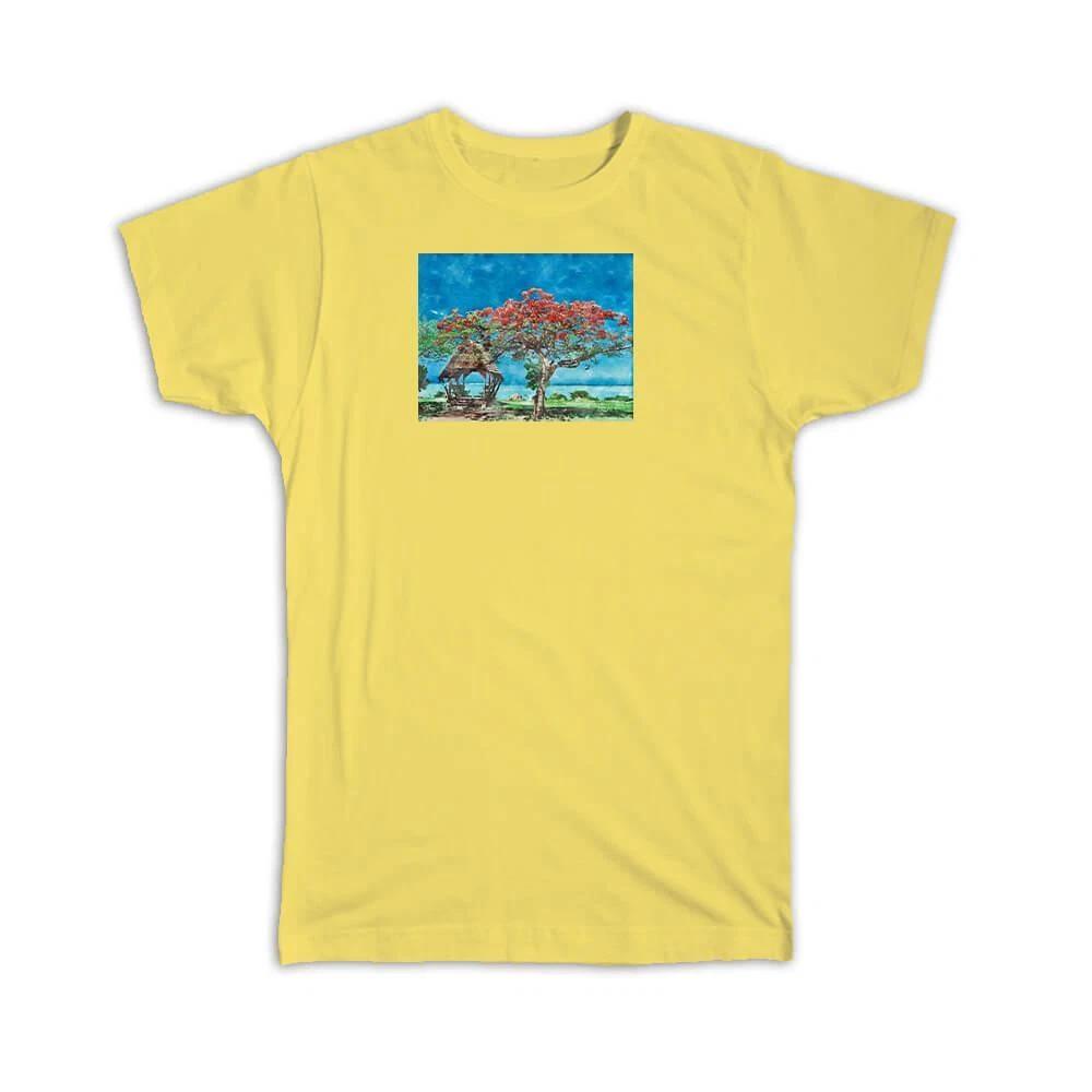 Gift T-Shirt : Watercolor Scenary Tree Shack Beach XL
