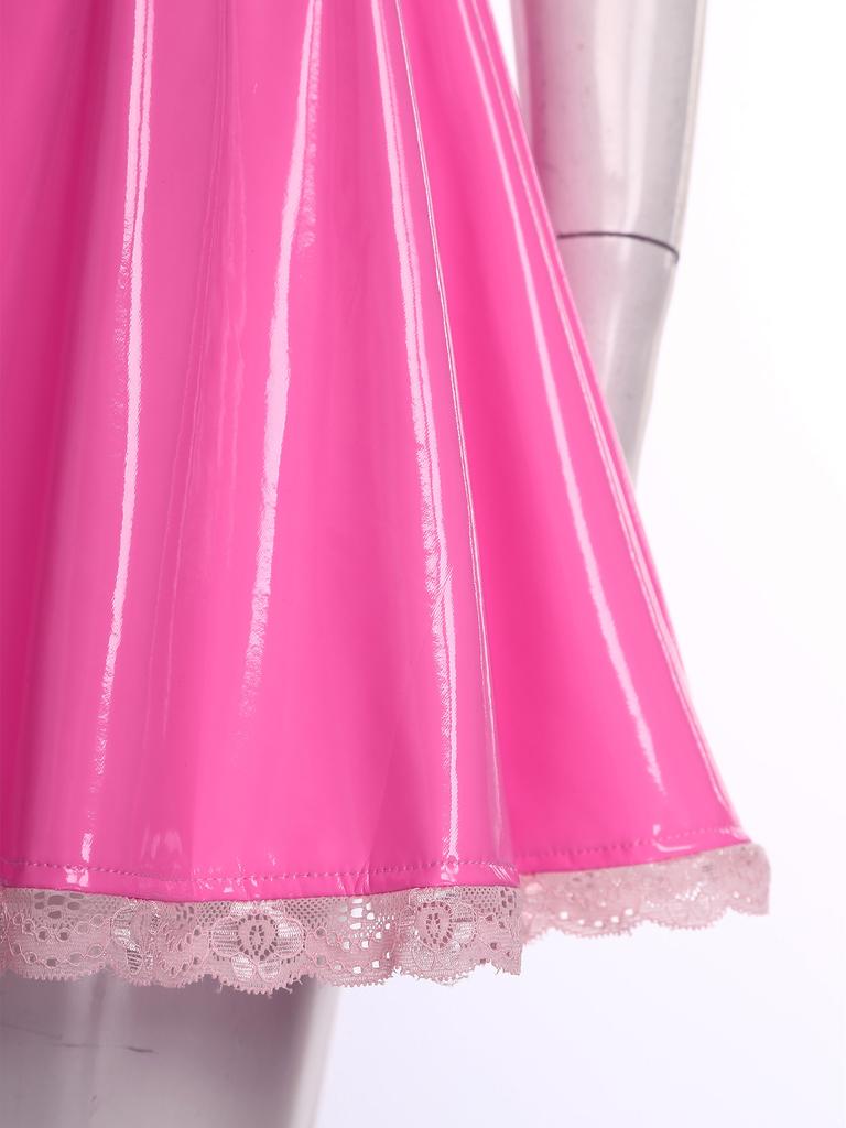 Womens Glossy PU Dress Front Lace Up Cross Back Adjustable Straps Floral Lace Trim A-Line Clubwear