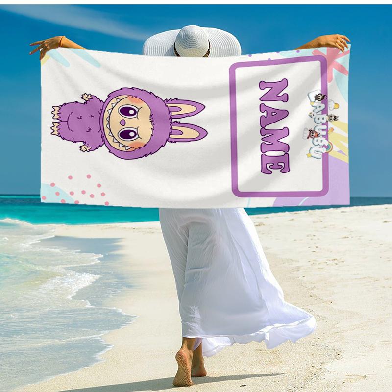 Custom Name Ultra-Soft Beach Towel with Labubu Theme,Ideal for Pool - Camping, Diving - Perfect Travel Essential, Vibrant Beach Towel.