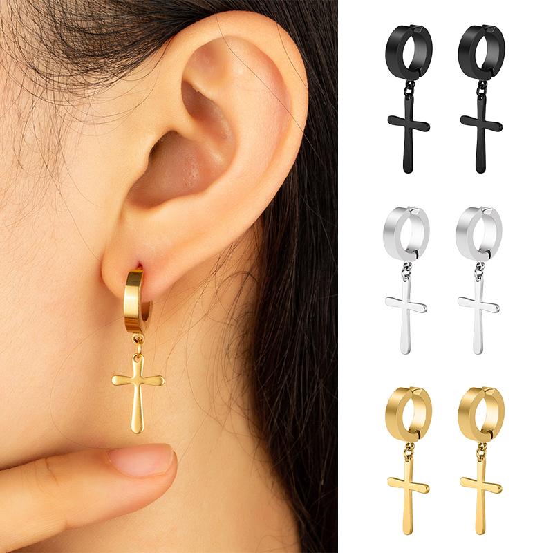 1Pair  Cross Pendant Ear Clip Non Piercing Earrings Fake Earrings Gift for Men Women Jewelry