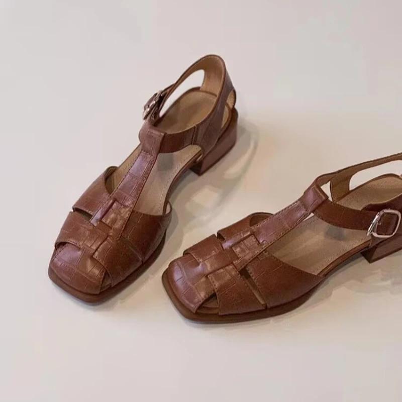 Women's Sandals Cover Toe One-line Buckle Square Heel Heel Wrap Shoes Women Leisure Career Roman Square Toe Sandalias De Mujer