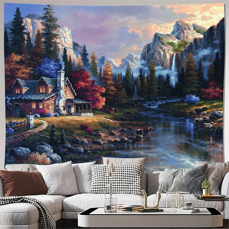 Autumn Mountain Cabin River Landscape Wall Tapestry Machine Washable All Season Decor Art Print Nature Design Home Quick Setup
