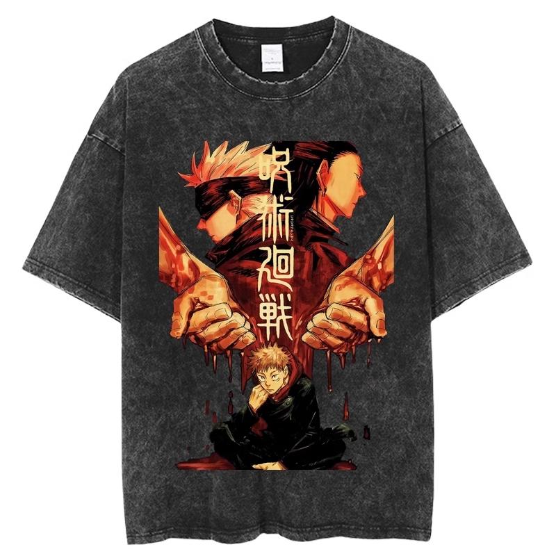 Hot Manga Jujutsu Kaisen T Shirt Gojo Satoru Print Tshirt Vintage Washed Streetwear Men Women Clothes Cotton Oversized Tee Shirt