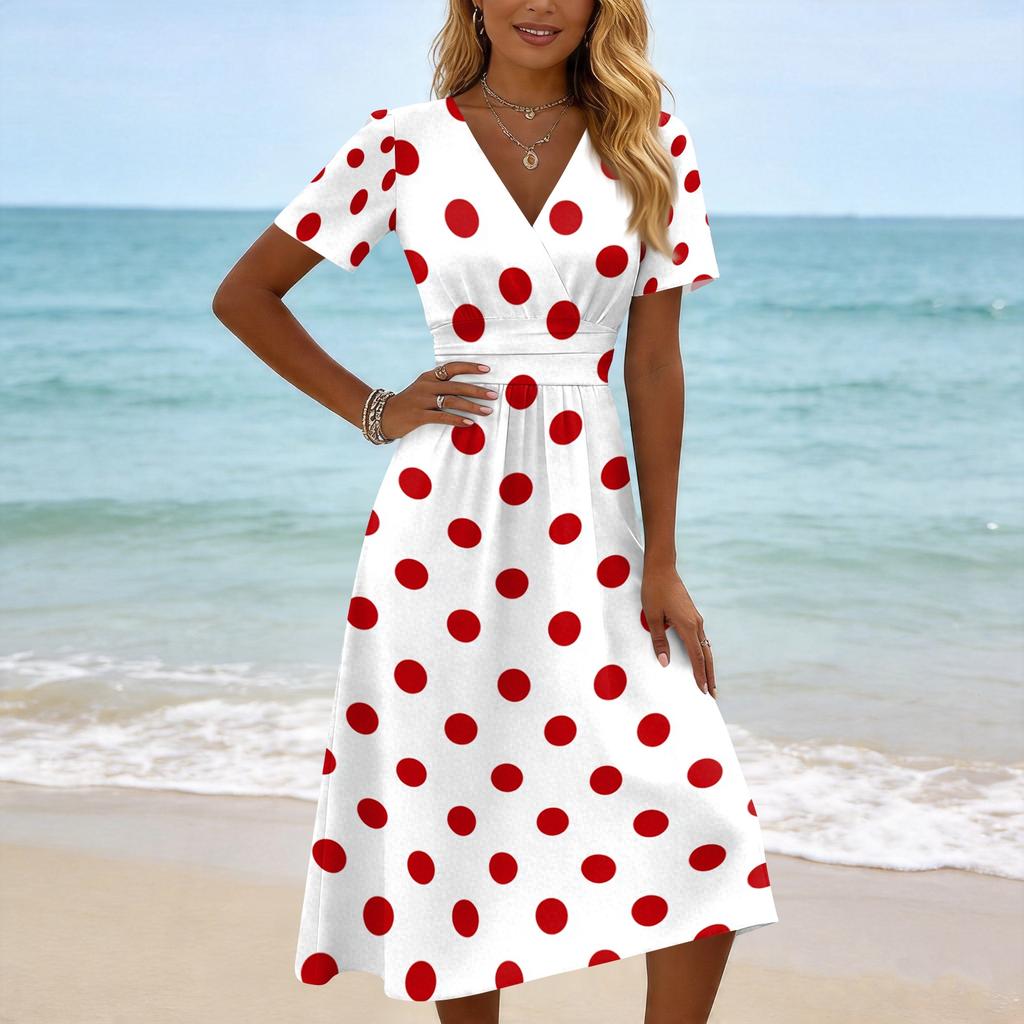 Women's Casual V Neck Short Sleeve Polka Dot Print Dress Midi Length Elastic Waist Summer Dress for Daily Wear