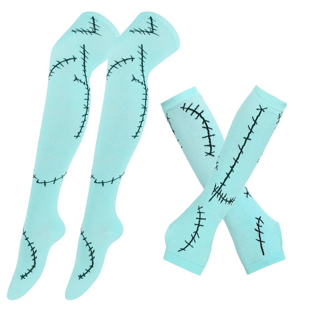 Womens Thigh High Stockings mittens Arm Sleeve Gloves Set Ladies Girl Black White Long Over Above Knee Socks Lolita Halloween