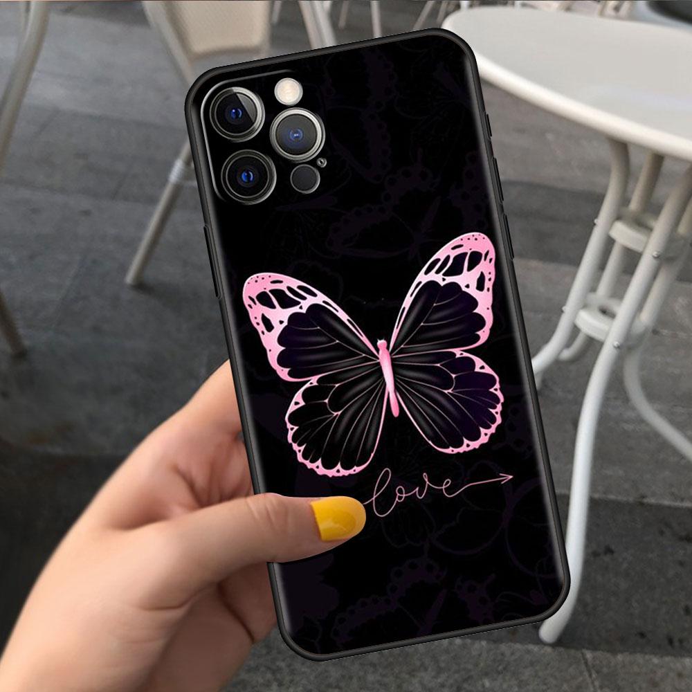 Custodia Per Apple iPhone 14 11 13 7 12 Pro 7 XR XS Max 8 Plus 6 14Pro Nera Morbida Telefono Coque Funda Rosa Bellezza Farfalla