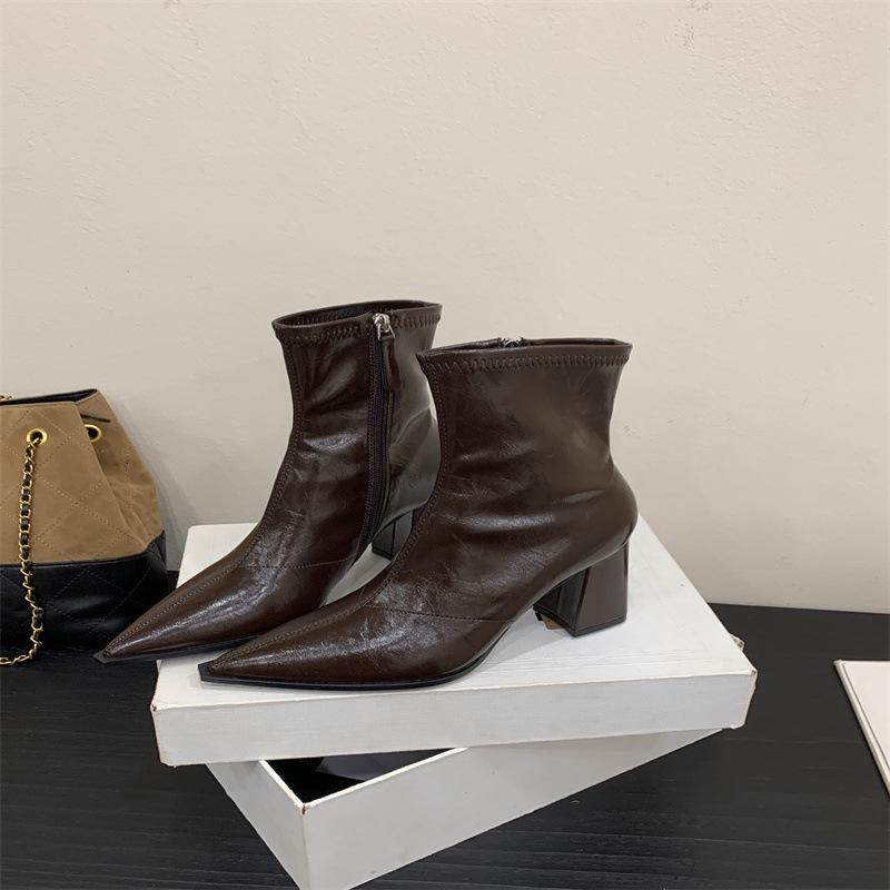 Rich and thin boots 2025 autumn and winter versatile pointed heel thick side zipper short boots simple high heel fashion boots women