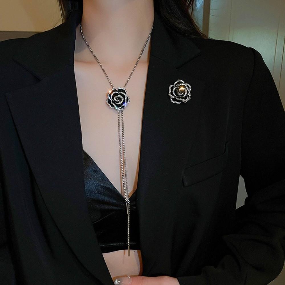 Silver Camellia Necklace Black Women Long Necklace Sweater Chain Clavicle Chain  Women