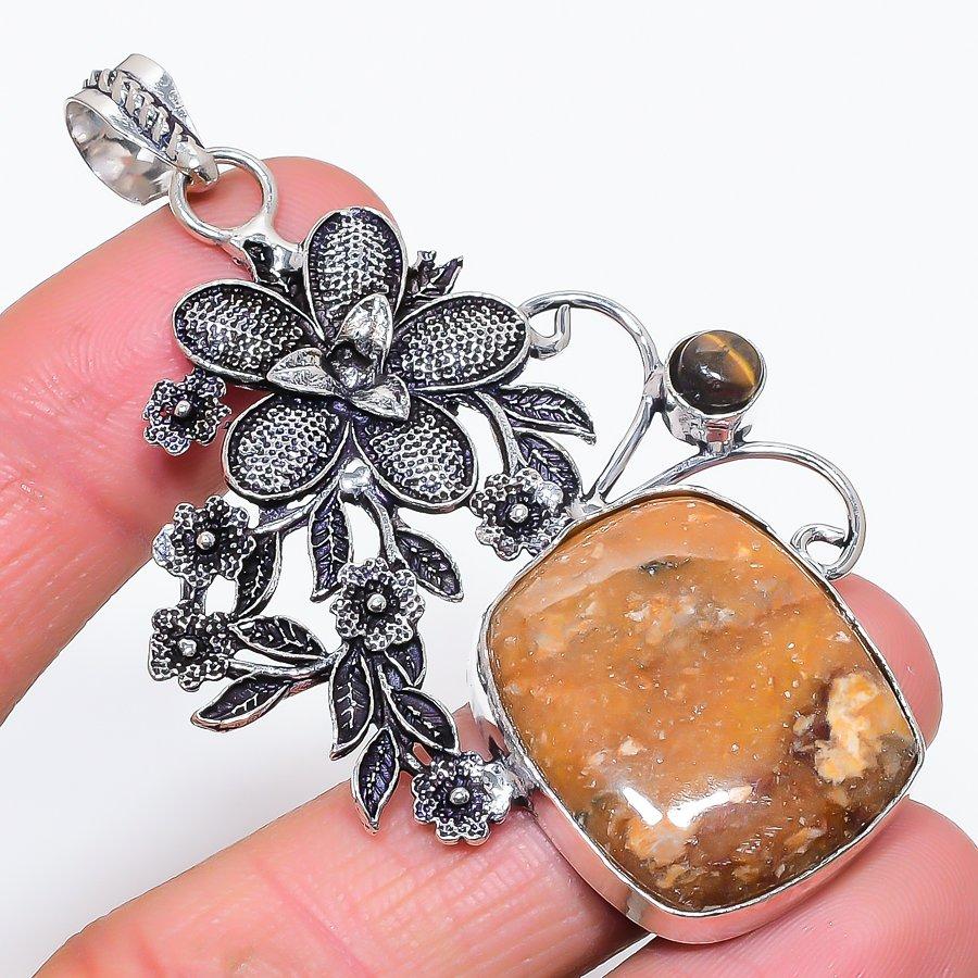 

Natural Ocean Jasper, Tiger Eye 925 Sterling Silver Jewelry Pendant 2.96 K8u18