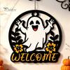 Decorative Wood Craft for Shop Halloween Ghost Pumpkin Round Wooden Welcome Door Hanger, Wall Plaque Spooky Party Favors with Rope, Hanging