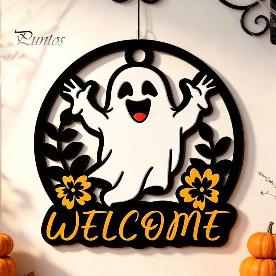 Decorative Wood Craft for Shop Halloween Ghost Pumpkin Round Wooden Welcome Door Hanger, Wall Plaque Spooky Party Favors with Rope, Hanging