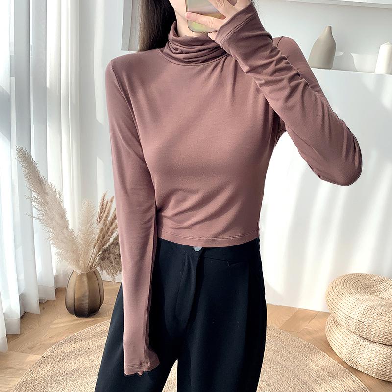 Kadın Dar Kesim Yüksek Yakalı Crop Top Uzun Kollu Gömlek