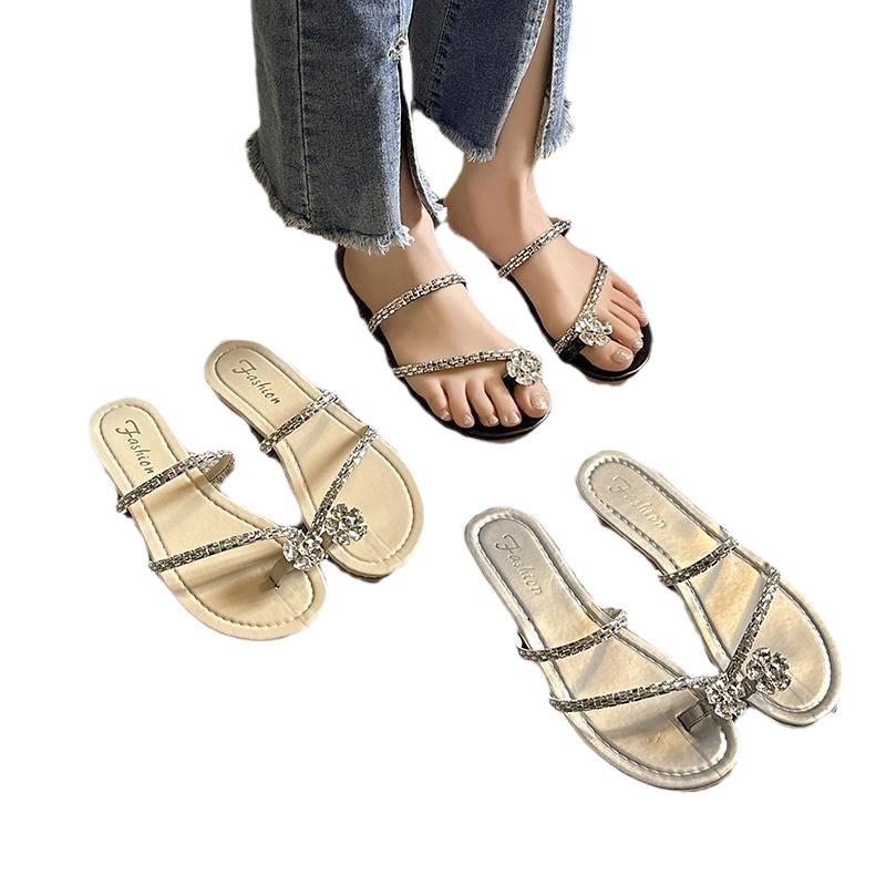 French Evening Slippers Women's Summer Wear 2025 New Fashion Rhinestone Cool Slippers Flat Bottom One Word